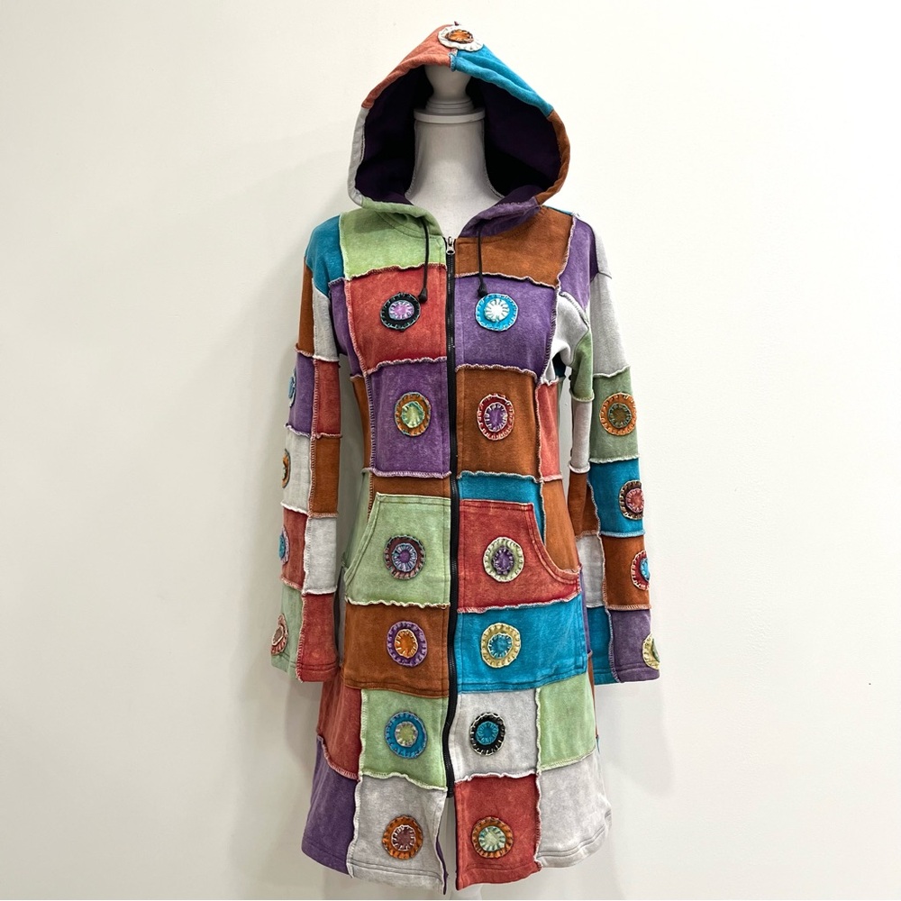 Rising International Multicolor Patchwork Hooded … - image 1